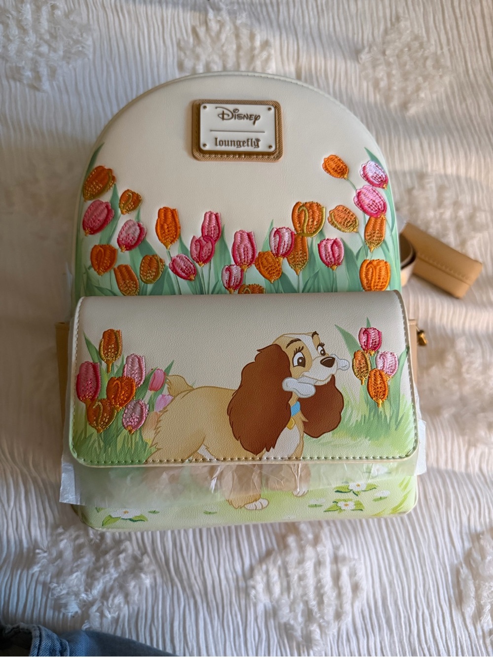 Loungefly Cream Mini Backpack with Pink & Orange Tulips and Lady